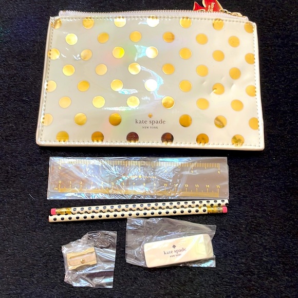 Kate Spade Polka Dots Pencil Pouch Complete Set Gold & Cream - Picture 5 of 7